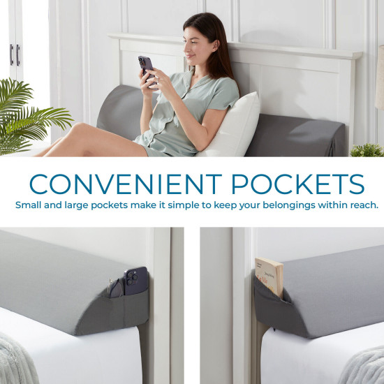 Bed Wedge Pillow for Headboard with Removable Cover - Wedge Pillow with Pockets