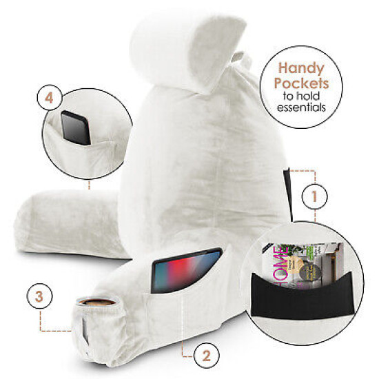 Large Soft Foam Reading & TV Relax Pillow + 2 Neck & Lumbar Pillows with Pockets
