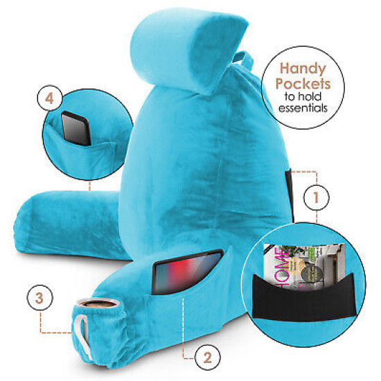 Large Soft Foam Reading & TV Relax Pillow + 2 Neck & Lumbar Pillows with Pockets