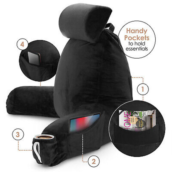 Large Soft Foam Reading & TV Relax Pillow + 2 Neck & Lumbar Pillows with Pockets