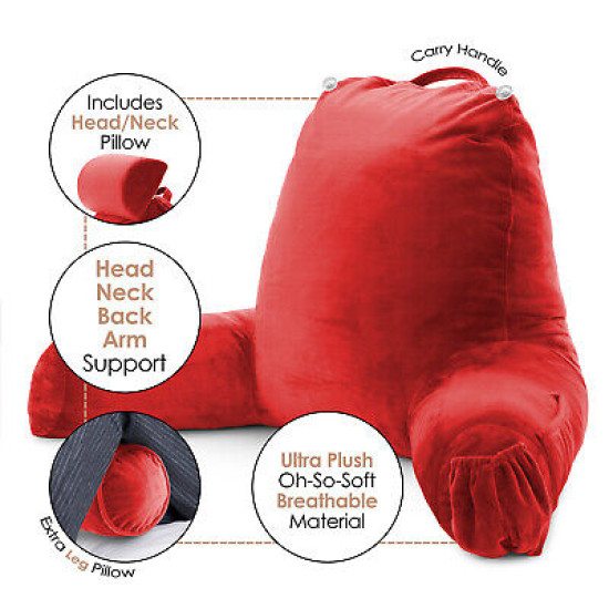 Large Soft Foam Reading & TV Relax Pillow + 2 Neck & Lumbar Pillows with Pockets