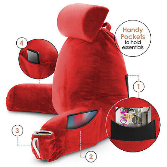 Large Soft Foam Reading & TV Relax Pillow + 2 Neck & Lumbar Pillows with Pockets