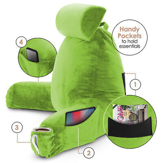 Large Soft Foam Reading & TV Relax Pillow + 2 Neck & Lumbar Pillows with Pockets
