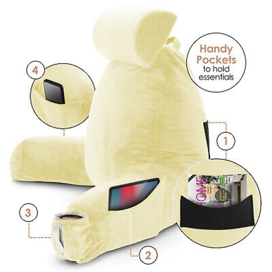 Large Soft Foam Reading & TV Relax Pillow + 2 Neck & Lumbar Pillows with Pockets