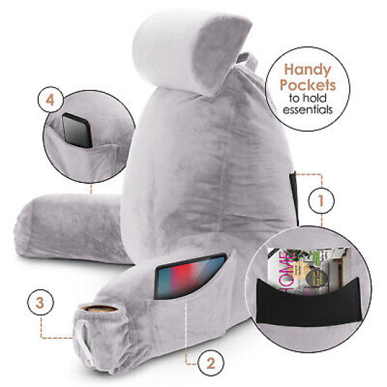 Large Soft Foam Reading & TV Relax Pillow + 2 Neck & Lumbar Pillows with Pockets