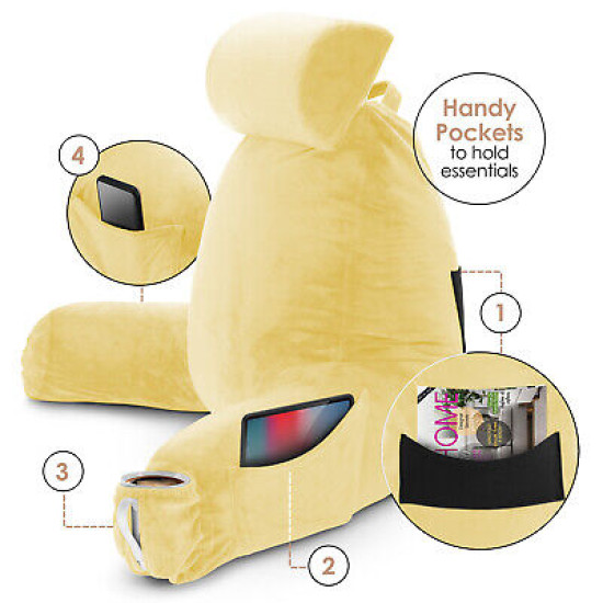 Large Soft Foam Reading & TV Relax Pillow + 2 Neck & Lumbar Pillows with Pockets
