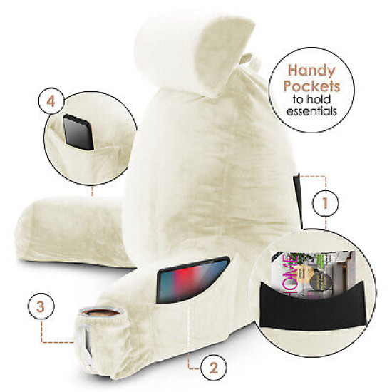 Large Soft Foam Reading & TV Relax Pillow + 2 Neck & Lumbar Pillows with Pockets