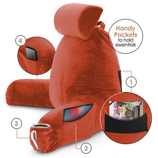 Large Soft Foam Reading & TV Relax Pillow + 2 Neck & Lumbar Pillows with Pockets