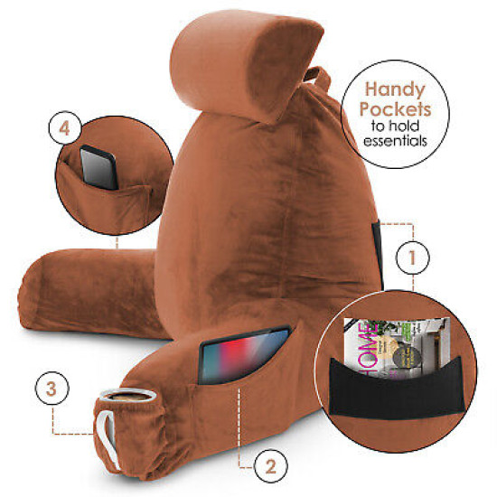 Large Soft Foam Reading & TV Relax Pillow + 2 Neck & Lumbar Pillows with Pockets