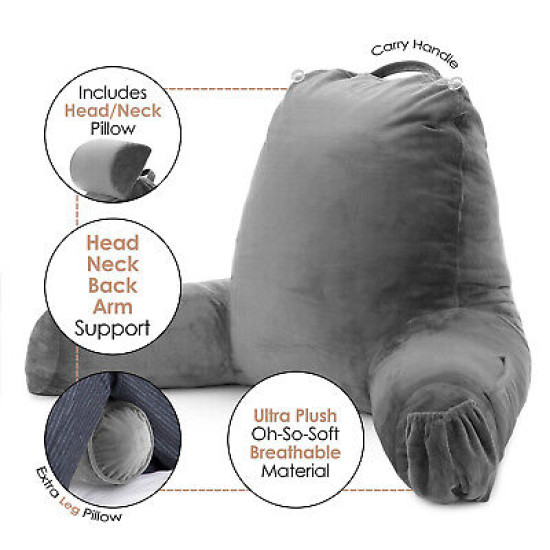 Large Soft Foam Reading & TV Relax Pillow + 2 Neck & Lumbar Pillows with Pockets