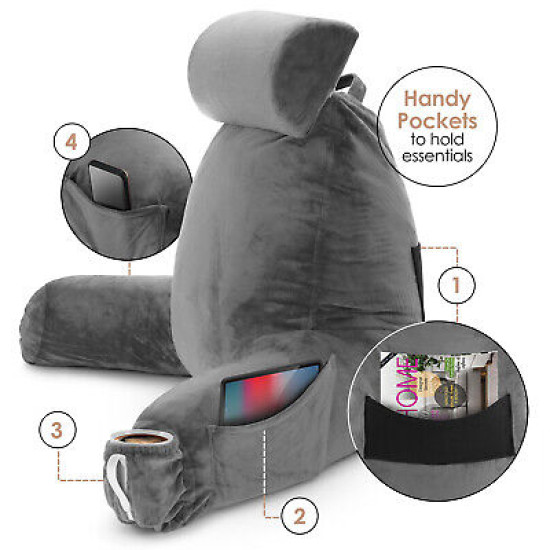 Large Soft Foam Reading & TV Relax Pillow + 2 Neck & Lumbar Pillows with Pockets