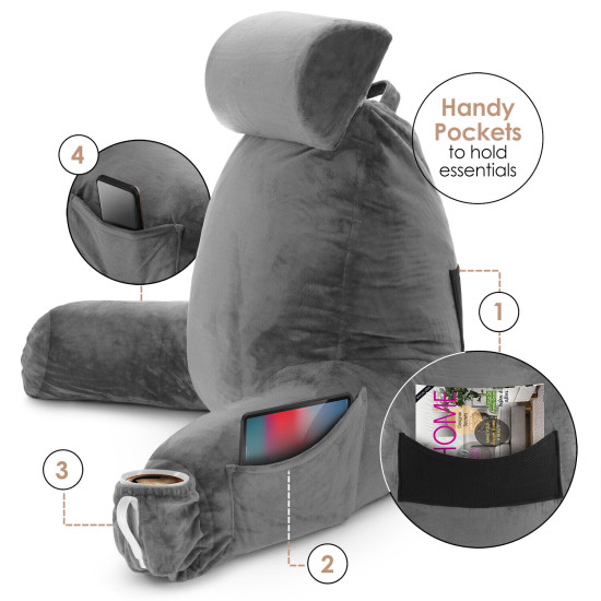 Large Soft Foam Reading & TV Relax Pillow + 2 Neck & Lumbar Pillows with Pockets