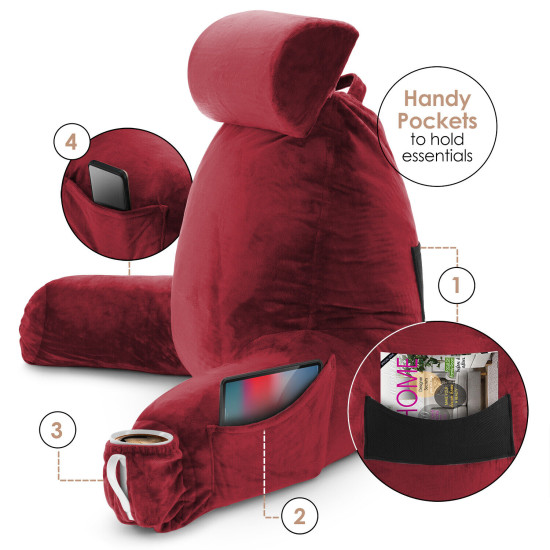 Large Soft Foam Reading & TV Relax Pillow + 2 Neck & Lumbar Pillows with Pockets