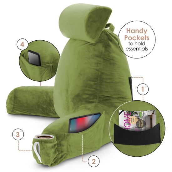 Large Soft Foam Reading & TV Relax Pillow + 2 Neck & Lumbar Pillows with Pockets