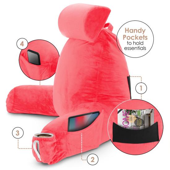 Large Soft Foam Reading & TV Relax Pillow + 2 Neck & Lumbar Pillows with Pockets