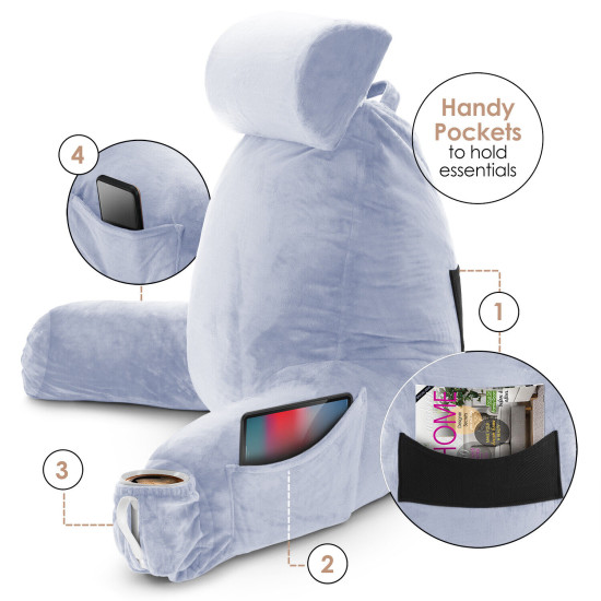Large Soft Foam Reading & TV Relax Pillow + 2 Neck & Lumbar Pillows with Pockets