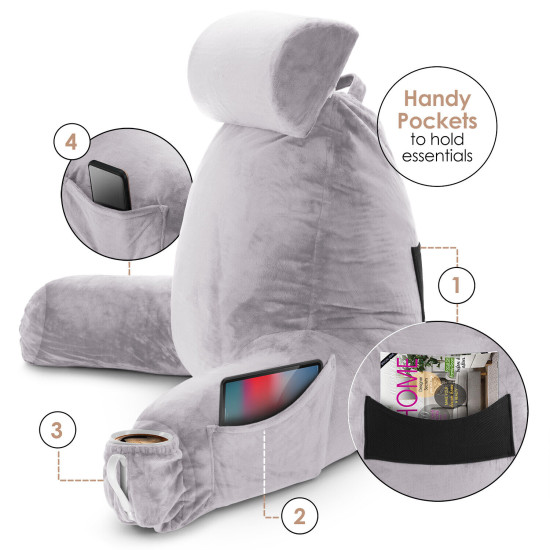 Large Soft Foam Reading & TV Relax Pillow + 2 Neck & Lumbar Pillows with Pockets