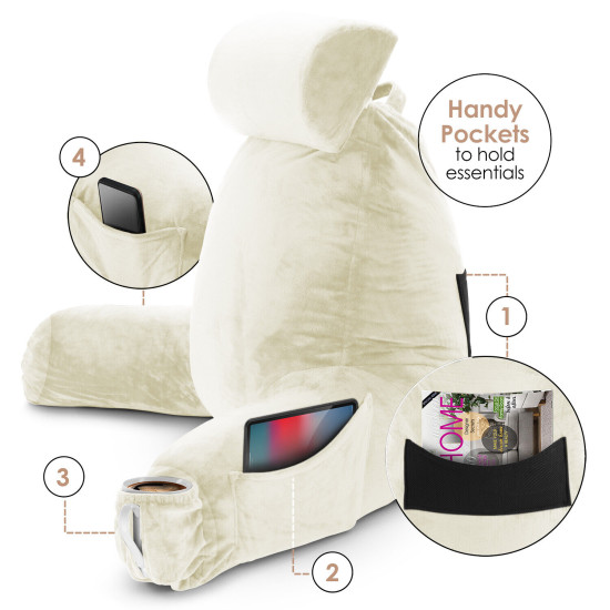 Large Soft Foam Reading & TV Relax Pillow + 2 Neck & Lumbar Pillows with Pockets