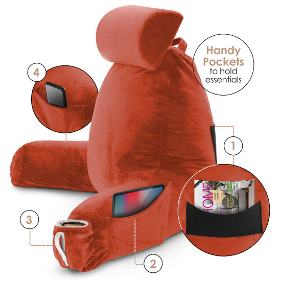 Large Soft Foam Reading & TV Relax Pillow + 2 Neck & Lumbar Pillows with Pockets