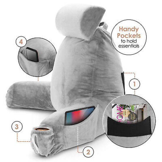 Large Soft Foam Reading & TV Relax Pillow + 2 Neck & Lumbar Pillows with Pockets