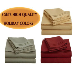 3 SETS OF 1500 COUNT 4 PIECE BED SHEET SETS. BURGUNDY RED,OLIVE GREEN,CAMEL GOLD