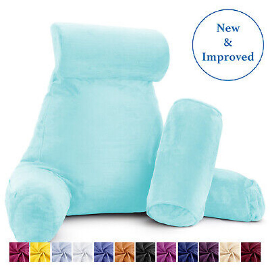 Large Foam Reading & TV Bed Rest Pillow +2 Neck & Lumbar Pillows, W/Pocket- Aqua