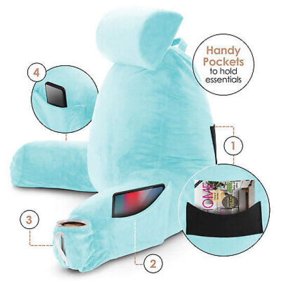 Large Foam Reading & TV Bed Rest Pillow +2 Neck & Lumbar Pillows, W/Pocket- Aqua