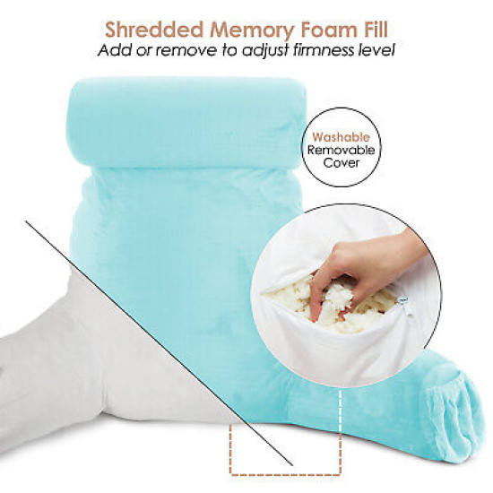 Large Foam Reading & TV Bed Rest Pillow +2 Neck & Lumbar Pillows, W/Pocket- Aqua