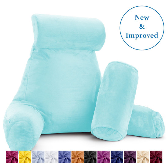 Large Foam Reading & TV Bed Rest Pillow +2 Neck & Lumbar Pillows, W/Pocket- Aqua