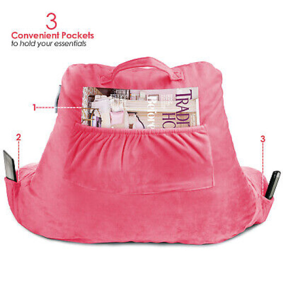 Soft Foam Reading Pillow, TV & Bed Rest Pillow, Arms Support With Pockets - Pink