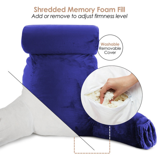 Large Reading & TV Bed Rest Pillow +2 Neck & Lumbar Pillows, W/Pocket-Royal Blue