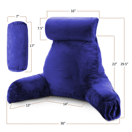 Large Reading & TV Bed Rest Pillow +2 Neck & Lumbar Pillows, W/Pocket-Royal Blue