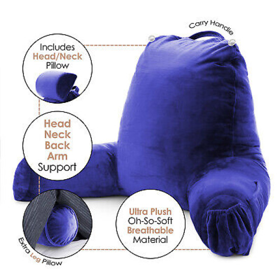 Large Reading & TV Bed Rest Pillow +2 Neck & Lumbar Pillows, W/Pocket-Royal Blue