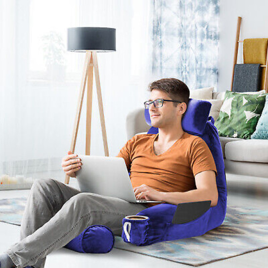 Large Reading & TV Bed Rest Pillow +2 Neck & Lumbar Pillows, W/Pocket-Royal Blue