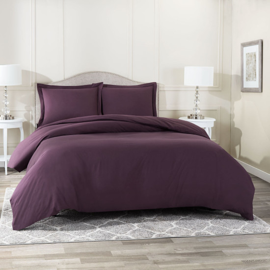 Duvet Cover Set Soft Brushed Comforter Cover W/Pillow Sham, Eggplant - King