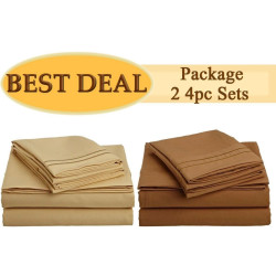 2 SETS OF 1500 SERIES 4 PIECE BED SHEET SETS - MOCHA BRONZE, CAMEL GOLD.