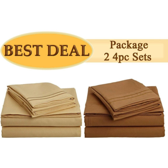 2 SETS OF 1500 SERIES 4 PIECE BED SHEET SETS - MOCHA BRONZE, CAMEL GOLD.