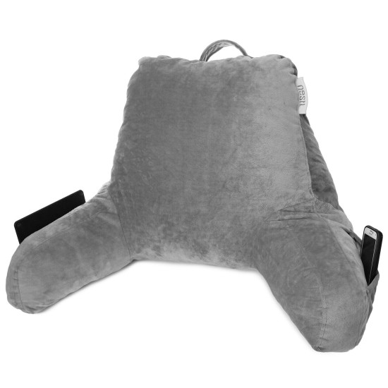 Super Soft Reading Pillow, TV & Bed Rest Pillow, Arms Support With Pockets -Gray