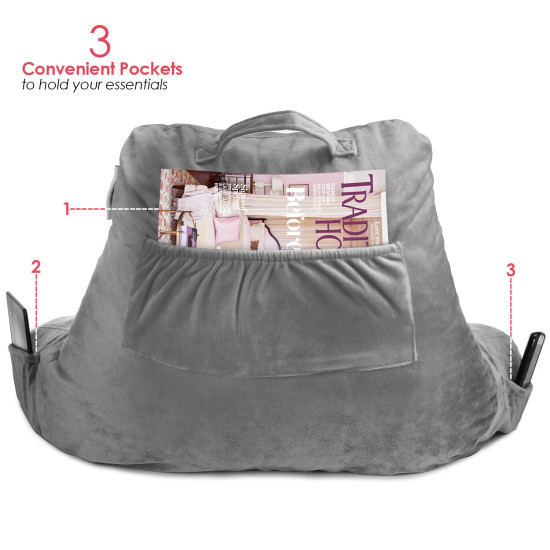 Super Soft Reading Pillow, TV & Bed Rest Pillow, Arms Support With Pockets -Gray