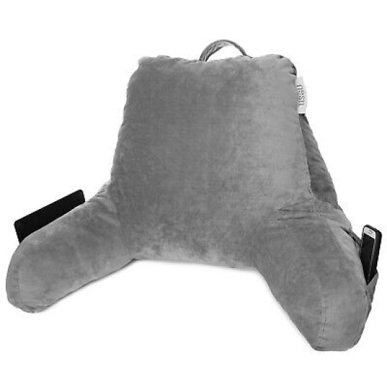 Super Soft Reading Pillow, TV & Bed Rest Pillow, Arms Support With Pockets -Gray