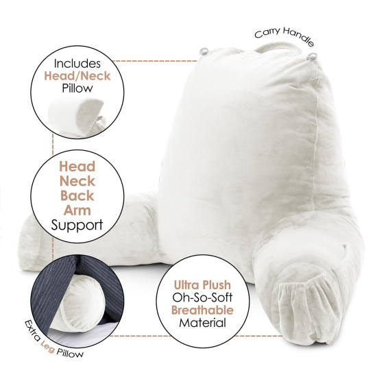 Large Soft Reading & TV Bed Rest Pillow +2 Neck & Lumbar Pillows, W/Pocket-White