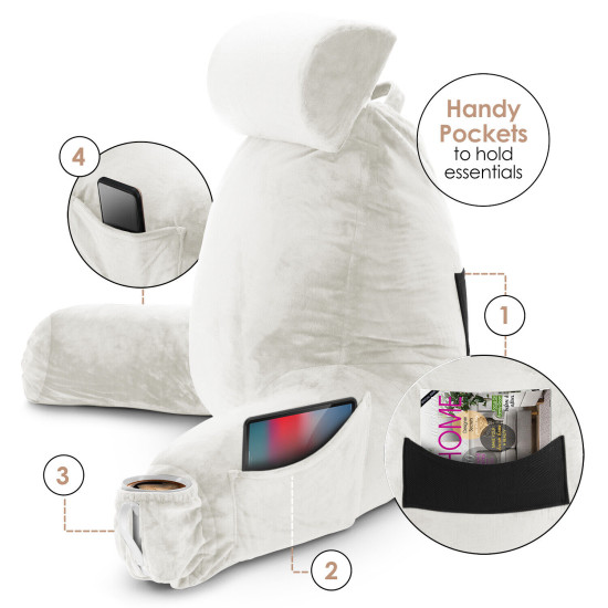 Large Soft Reading & TV Bed Rest Pillow +2 Neck & Lumbar Pillows, W/Pocket-White