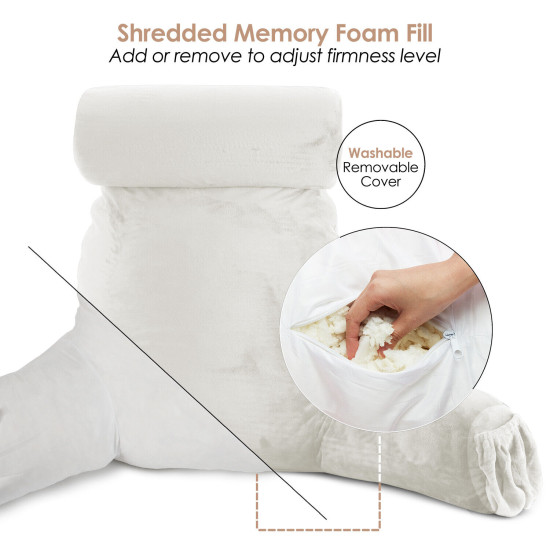 Large Soft Reading & TV Bed Rest Pillow +2 Neck & Lumbar Pillows, W/Pocket-White