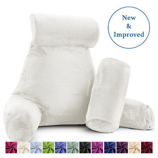Large Soft Reading & TV Bed Rest Pillow +2 Neck & Lumbar Pillows, W/Pocket-White