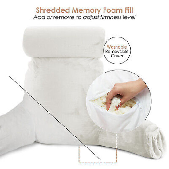 Large Soft Reading & TV Bed Rest Pillow +2 Neck & Lumbar Pillows, W/Pocket-White