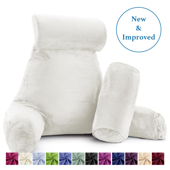 Large Soft Reading & TV Bed Rest Pillow +2 Neck & Lumbar Pillows, W/Pocket-White