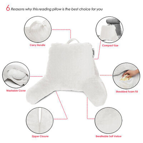 Super Foam Reading Pillow, TV & Bed Rest Pillow, Arms Support With Pockets White