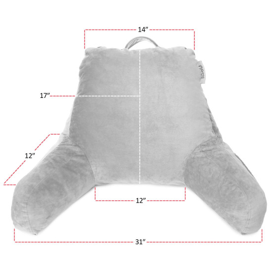Super Soft Reading Pillow, TV & Bed Rest Pillow, Arms Support W/ Pockets -Silver