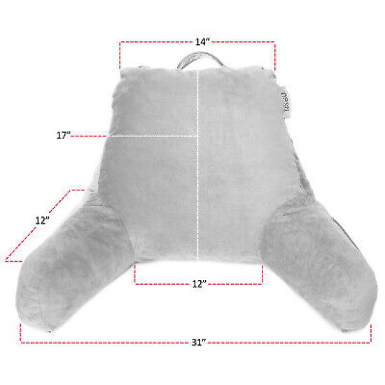 Super Soft Reading Pillow, TV & Bed Rest Pillow, Arms Support W/ Pockets -Silver